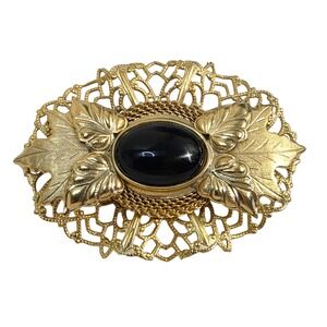 Vintage Black Glass Cabochon Gold Tone Filigree Leaves Motif Victorian Brooch